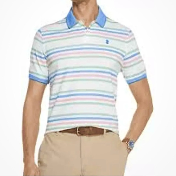 IZOD Advantage Pastel Stripe White Short Sleeve Polo Shirt Mens M Stretch NWOT - Picture 1 of 11